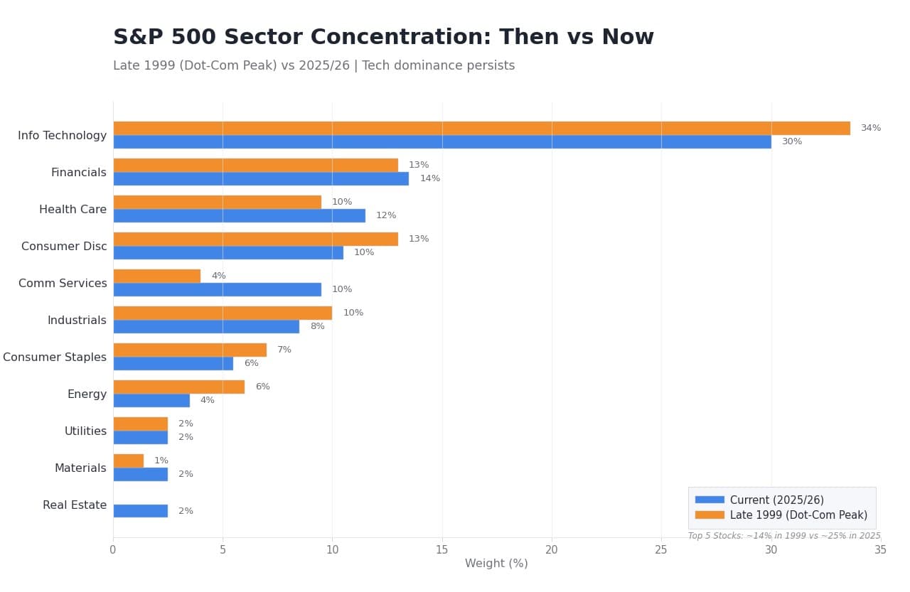 S&P 500 sector weights in late 1999 versus 2025/26, showing similar technology concentration