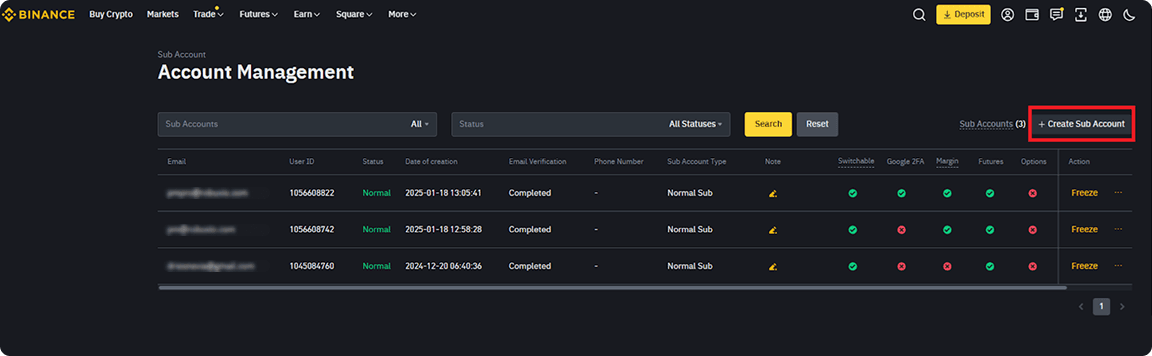 Binance Sub Accounts page with Create Sub Account button for Portfolio Margin setup