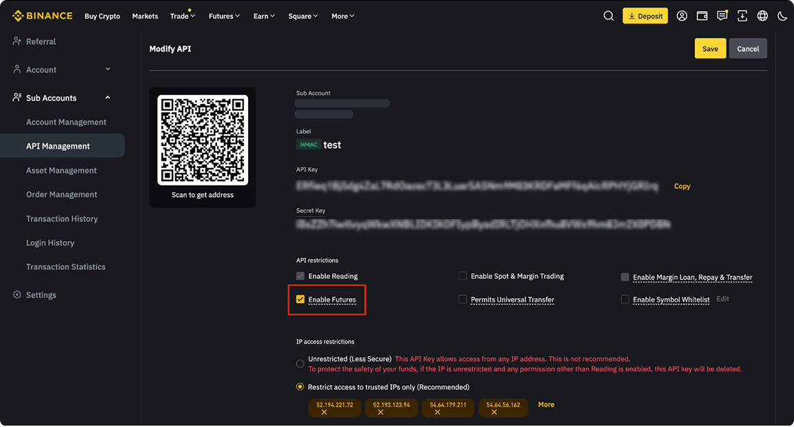 Binance API permissions page with Enable Futures checkbox and Save button