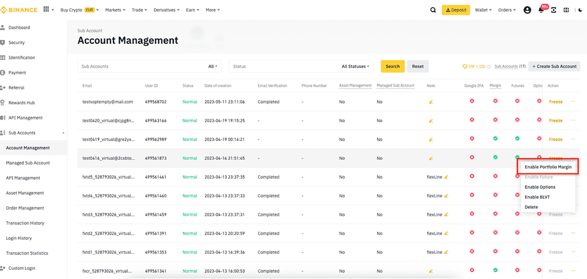 Binance sub account settings with Enable Portfolio Margin toggle highlighted