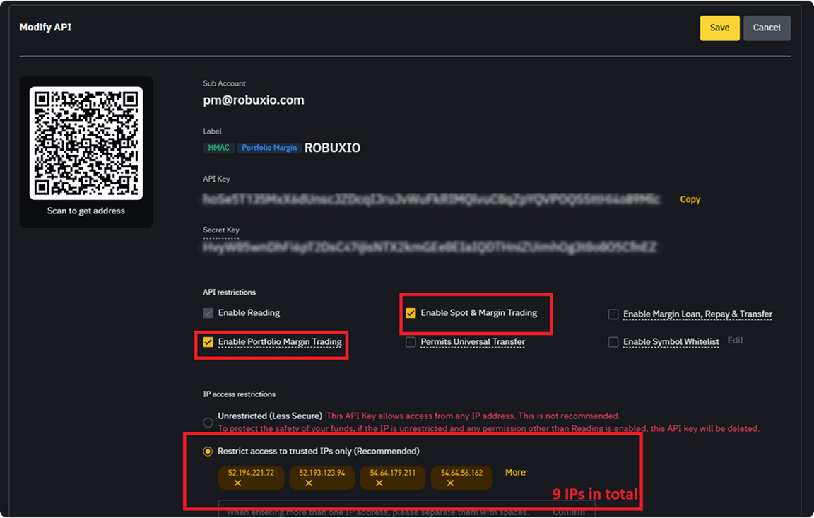 Binance API IP restriction settings with Robuxio trusted IP addresses