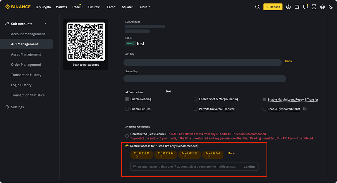 Binance API IP restriction settings with Robuxio trusted IP addresses for USD mode