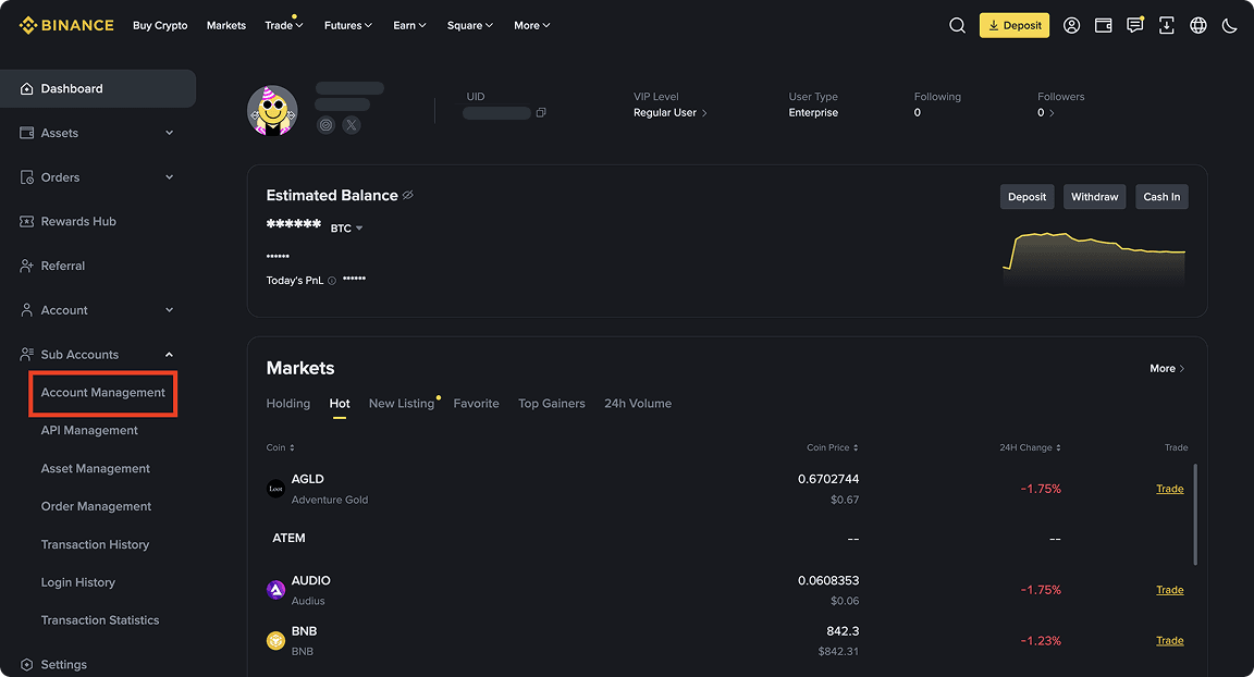 Binance dashboard navigation showing Sub Accounts Management menu option