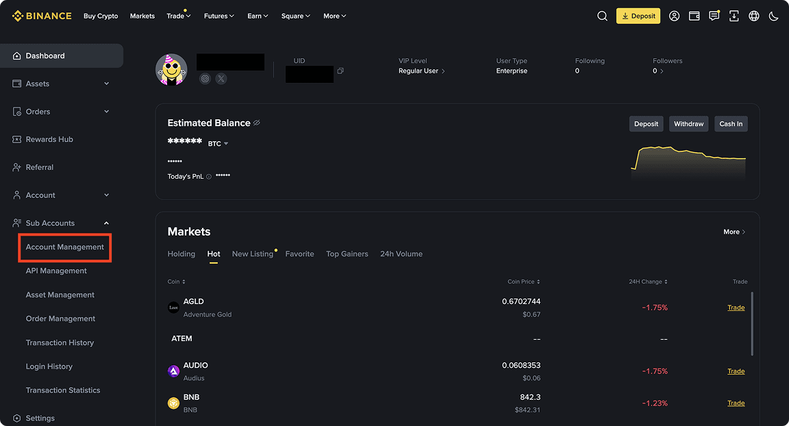Binance dashboard navigation showing Sub Accounts Management menu for Non-EU users