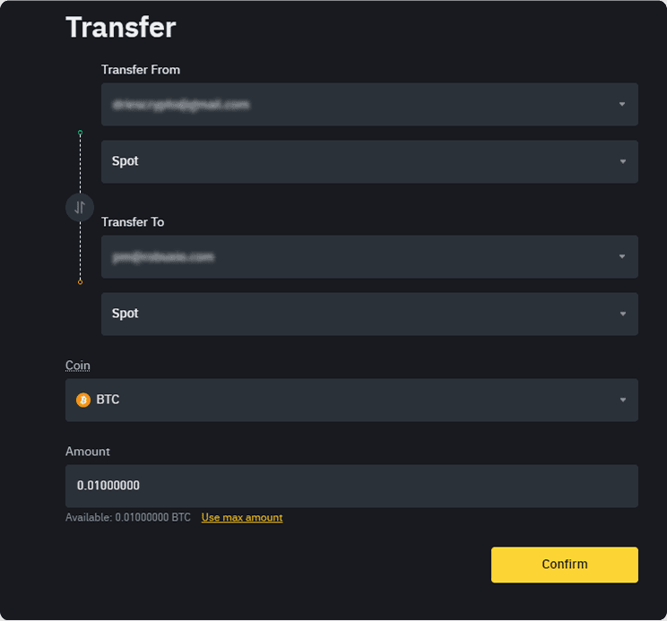 Binance account switcher dropdown showing available sub accounts to select