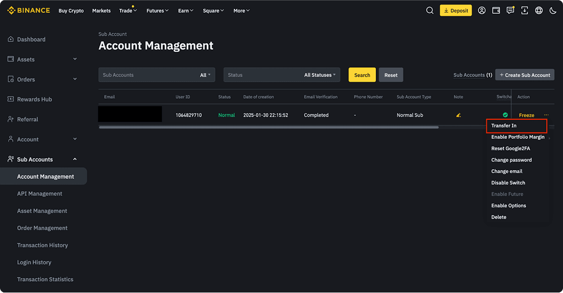 Binance internal transfer form for moving funds to Portfolio Margin sub account