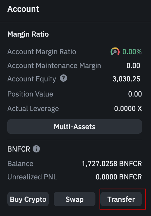 Binance Futures trading page showing the Asset widget with Transfer button highlighted