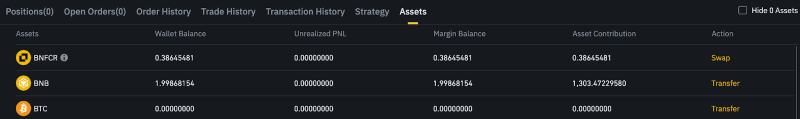 Binance Futures Asset section showing available balance displayed in BNFCR