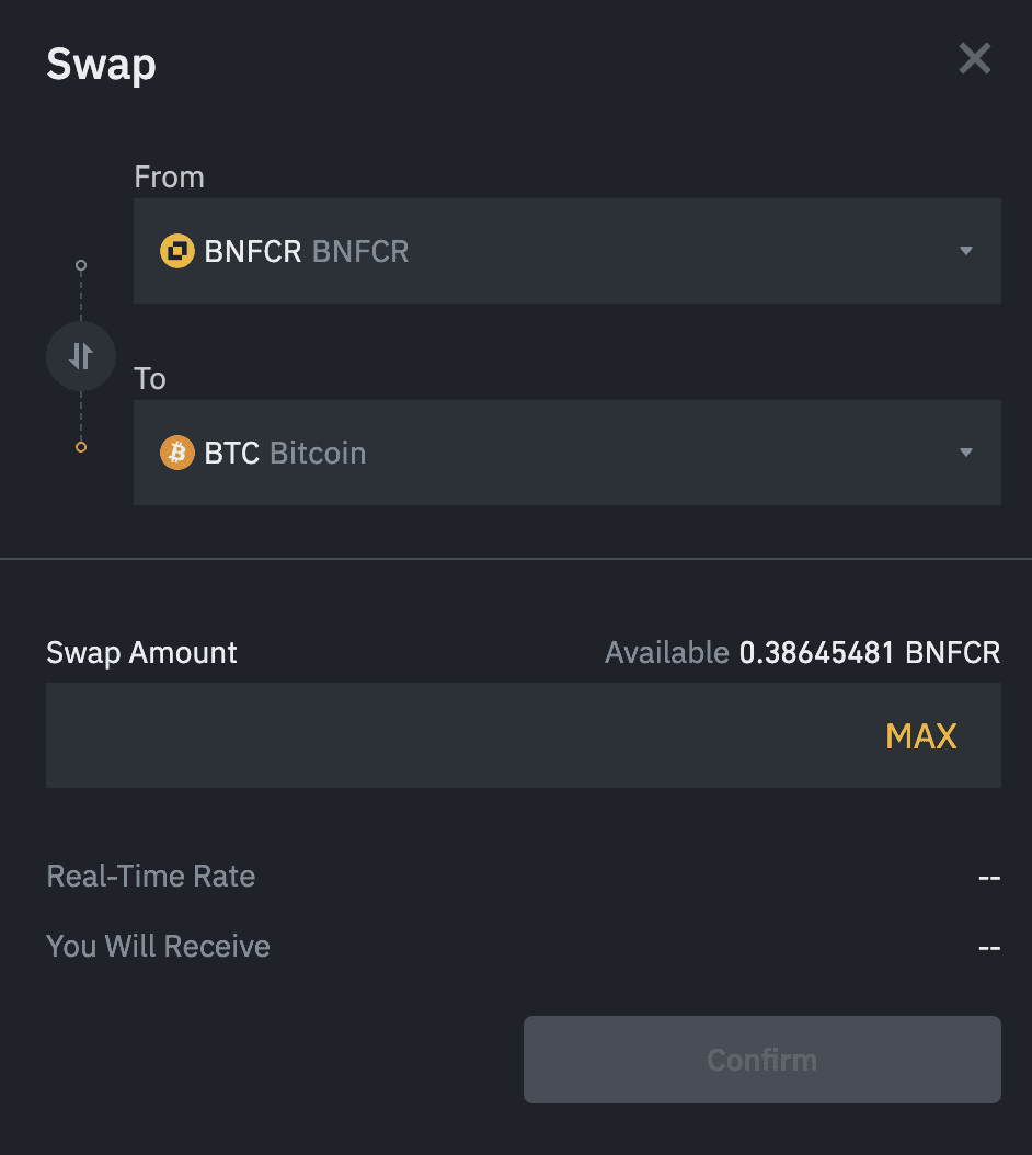 Binance Futures swap dialog showing asset selection, exchange rate, and confirm button