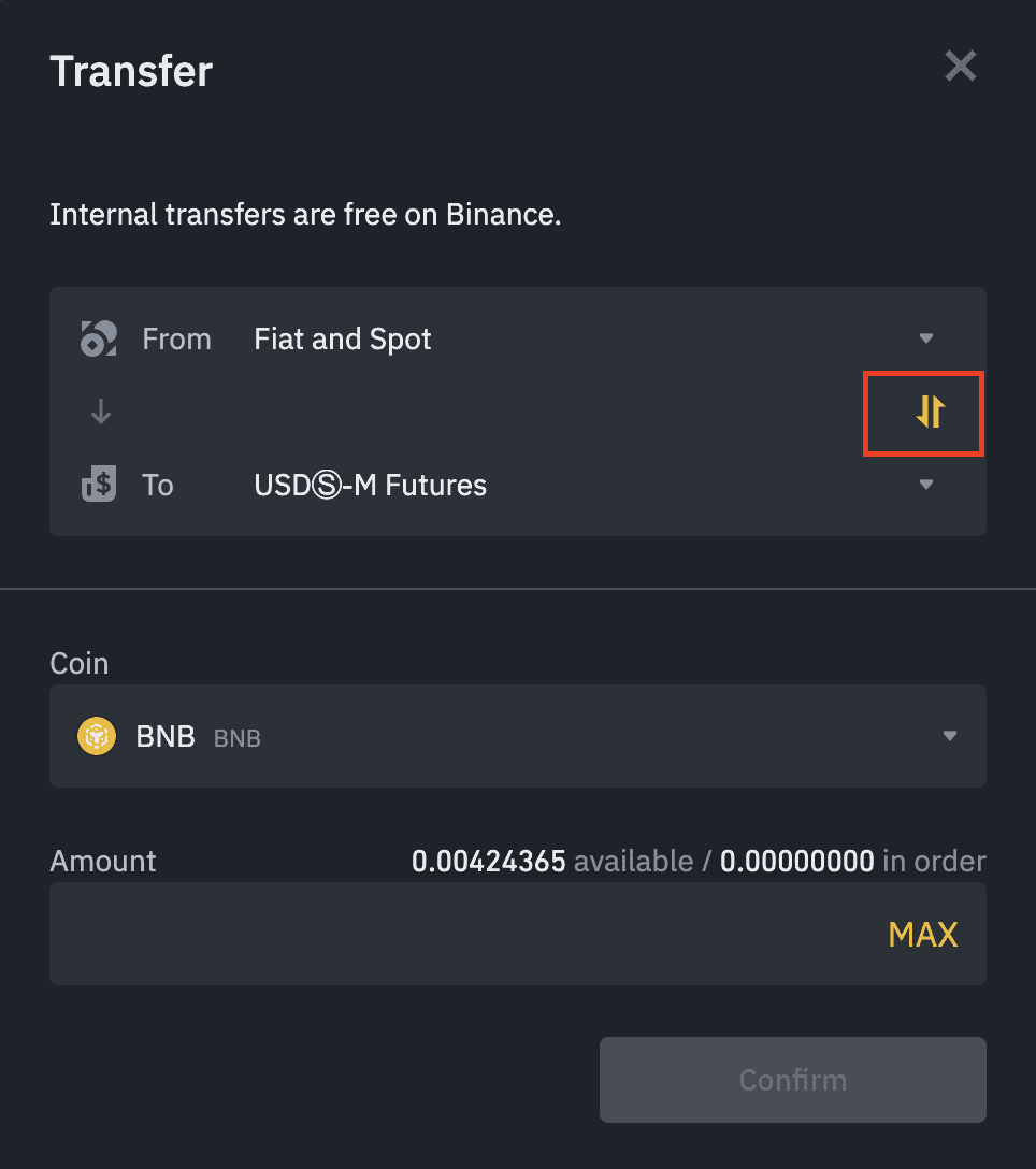 Binance Futures transfer dialog configured to send funds from Futures wallet to Spot wallet