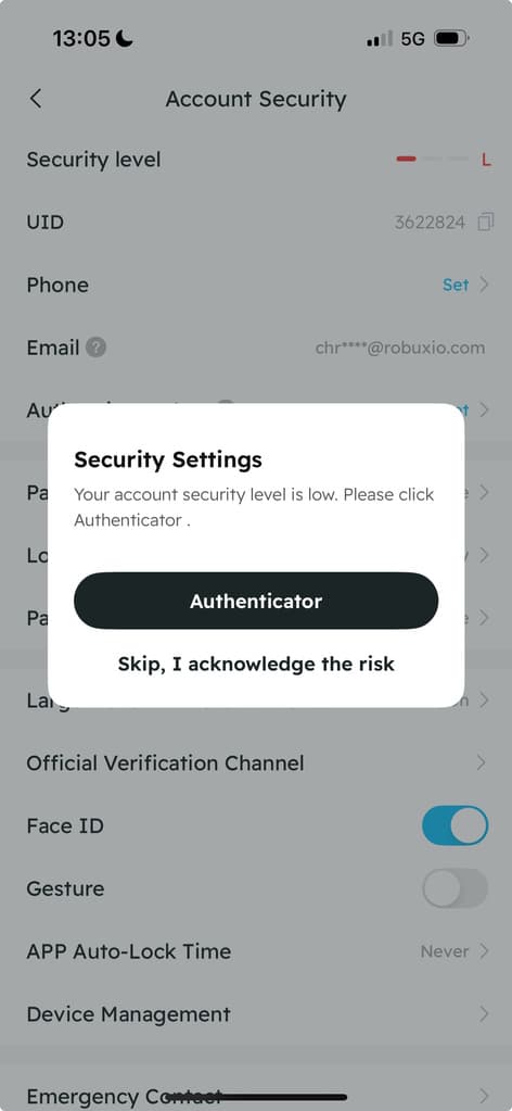 BIT Account Security settings with Authenticator setup prompt