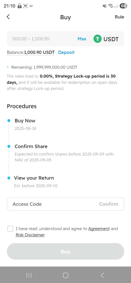 BIT buy page with amount input, access code, and Buy button