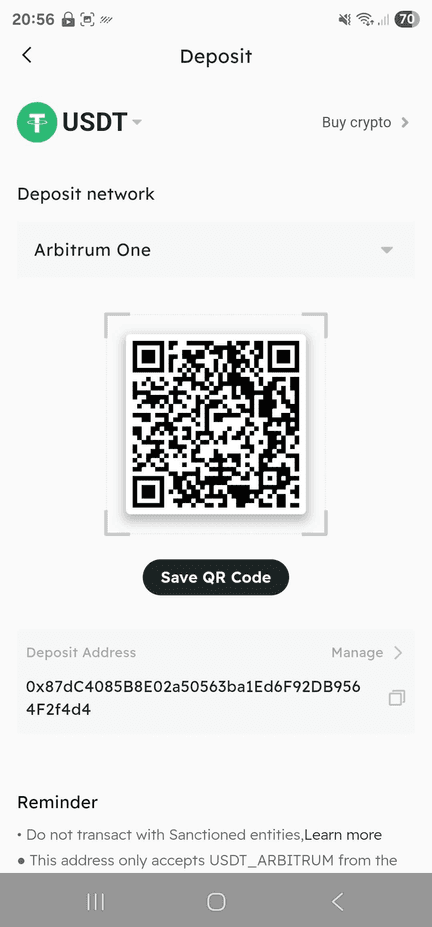 BIT deposit address page with QR code and address to copy