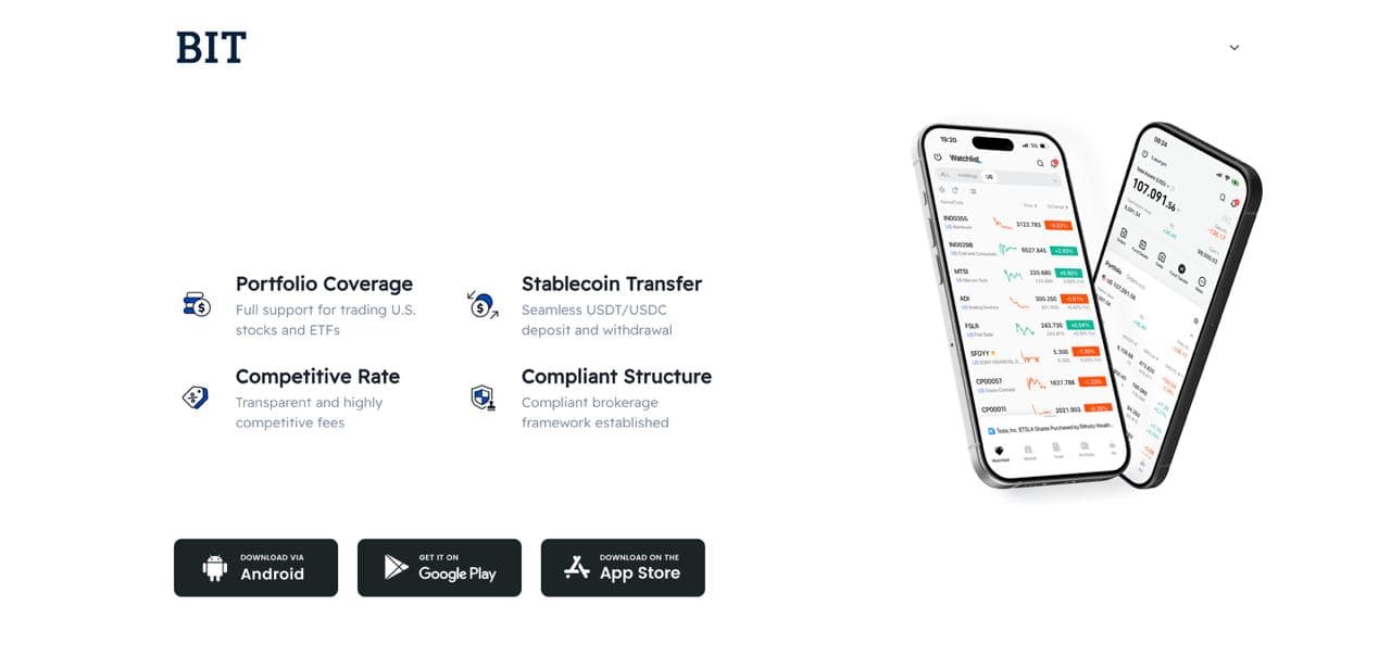 BIT app download page showing Android, Google Play, and App Store options