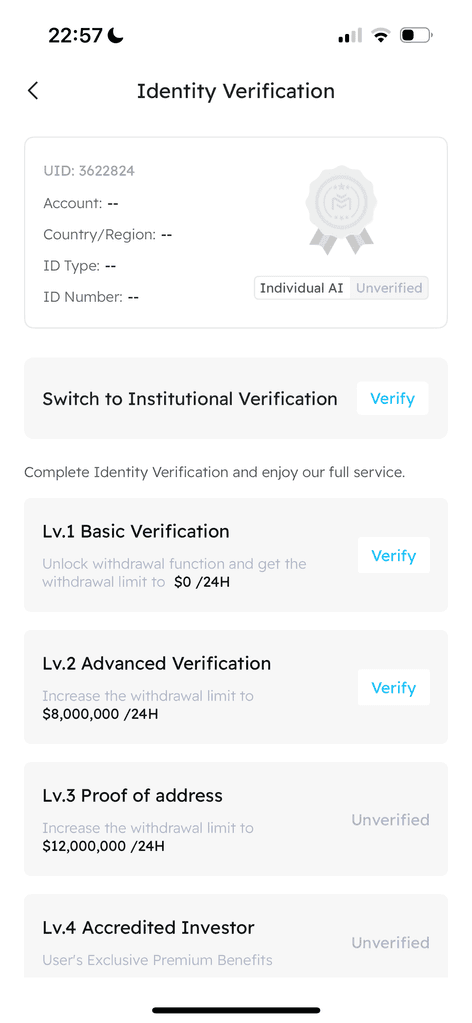 BIT Identity Verification page showing Lv.1 and Lv.2 verification options