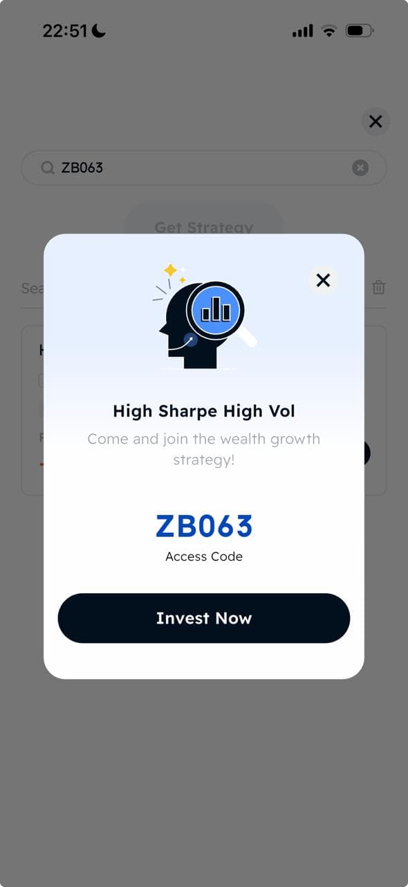 BIT portfolio confirmation pop-up showing High Sharpe High Vol with Invest Now button