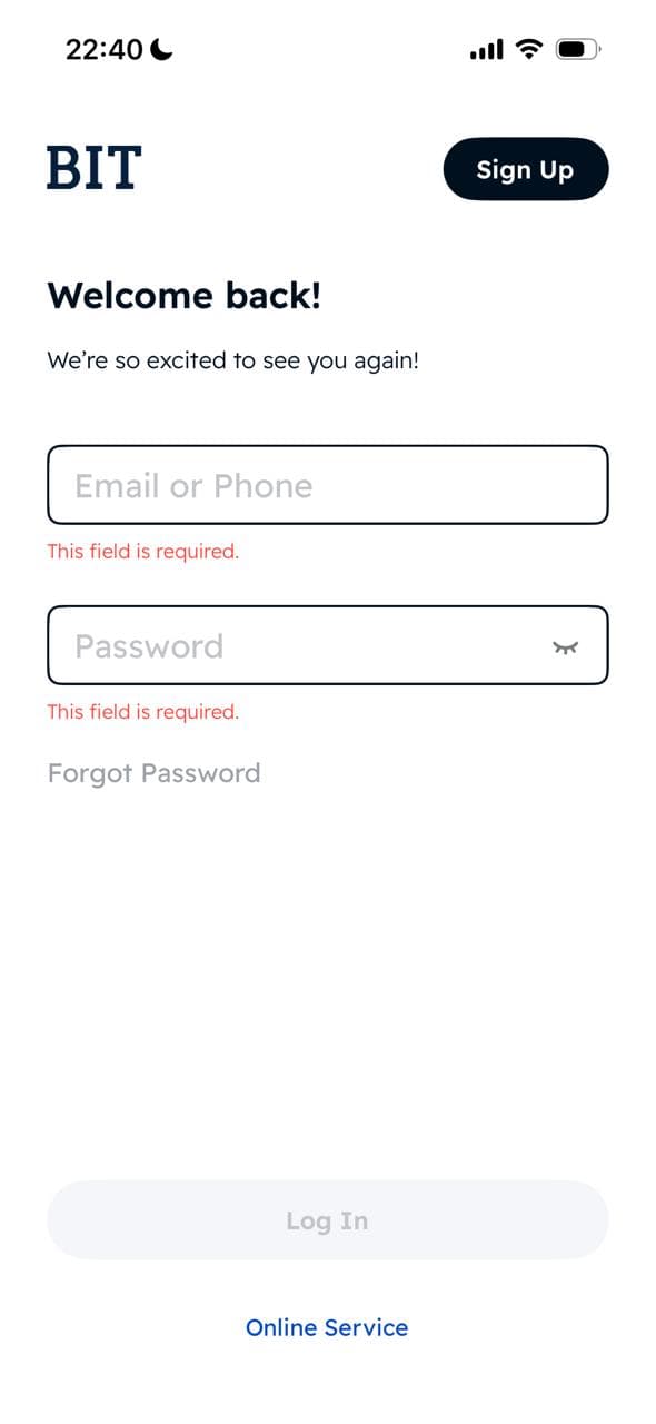 BIT app login screen with email and password fields