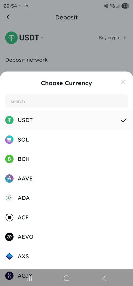 BIT cryptocurrency selection showing USDT highlighted