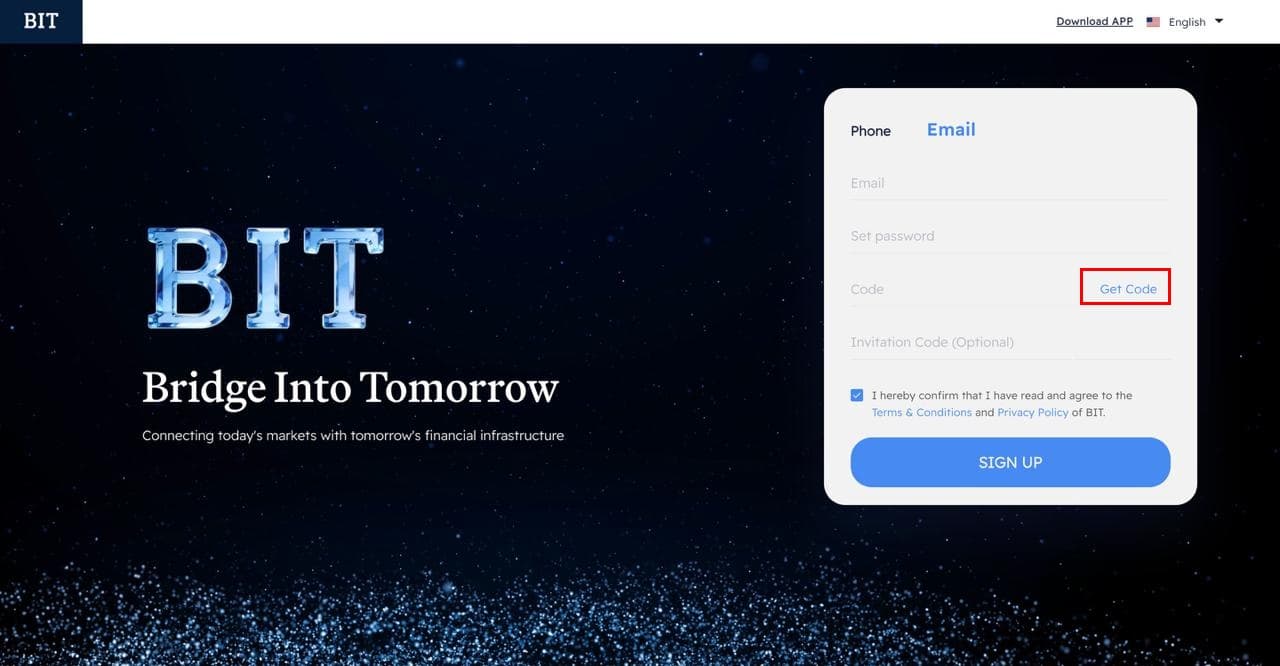 BIT registration form with Get Code button highlighted