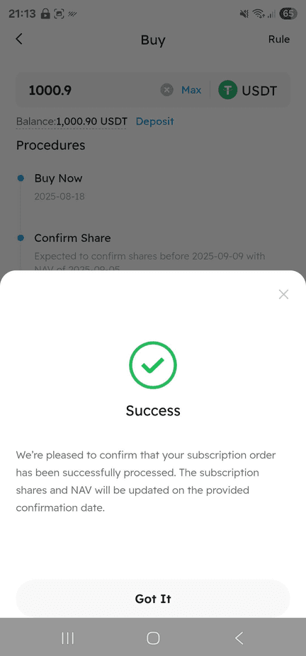 BIT subscription success confirmation pop-up