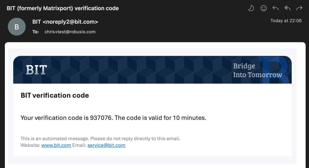 BIT verification email showing the confirmation code