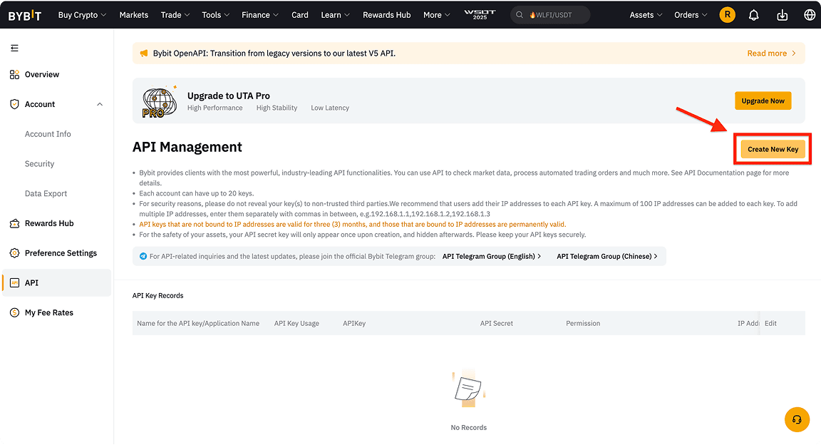 Bybit API management page with Create New Key button highlighted