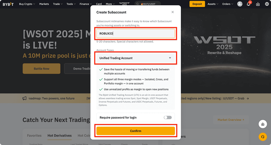 Bybit sub account nickname form showing Unified Trading Account type selection