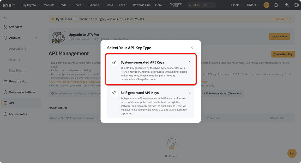 Bybit API key type selection showing System-generated API Keys option