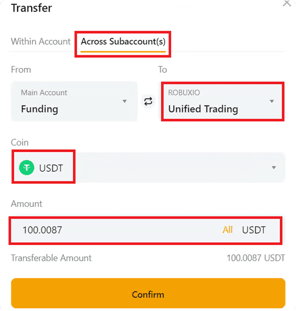 Bybit internal transfer form showing Funding Wallet to UTA Sub Account transfer
