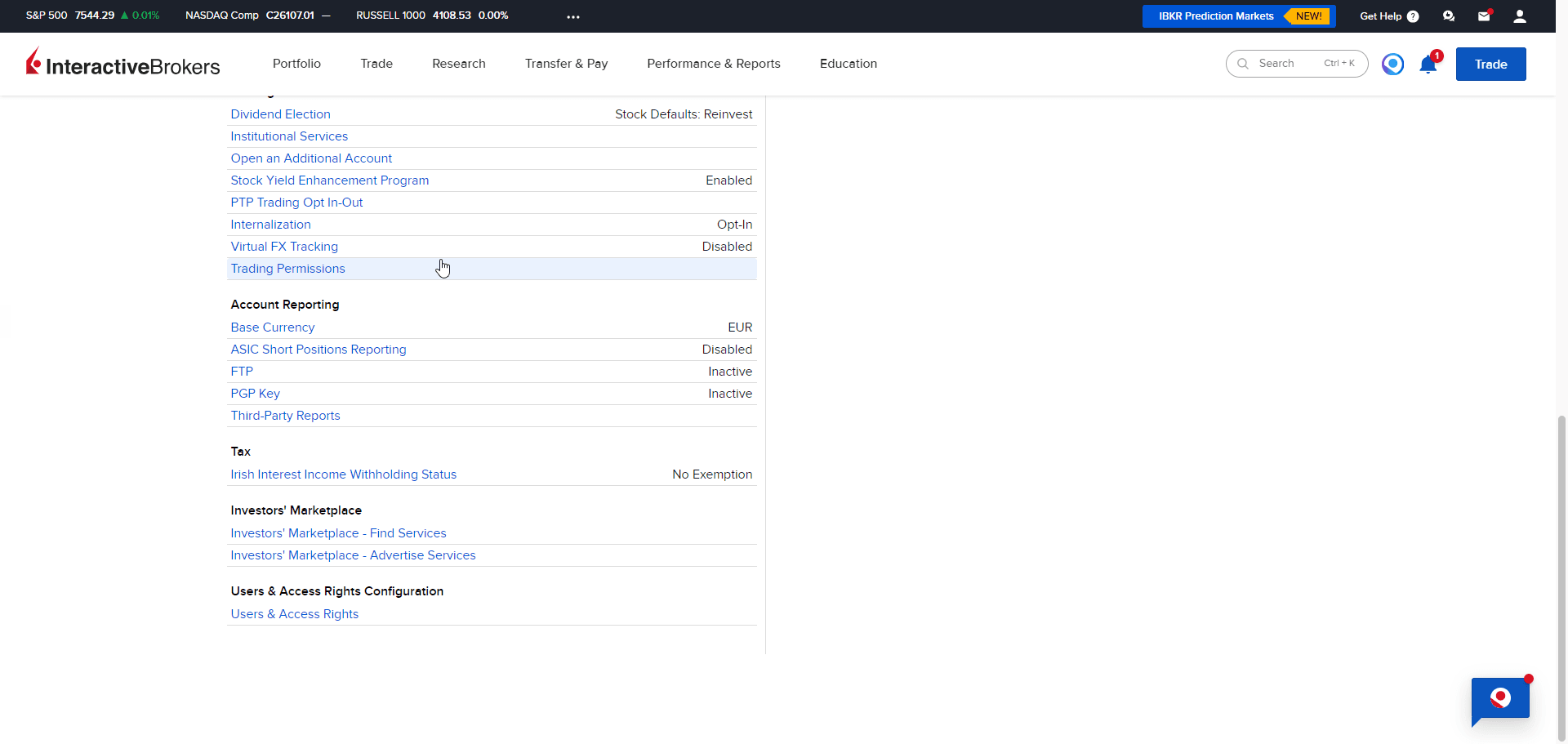 IBKR Account Settings page with the Trading Permissions entry highlighted in the Trading section