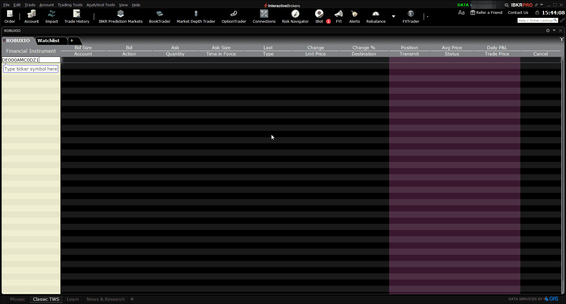 Classic TWS watchlist with the ISIN DE000AMC0DZ1 typed into an empty ticker row