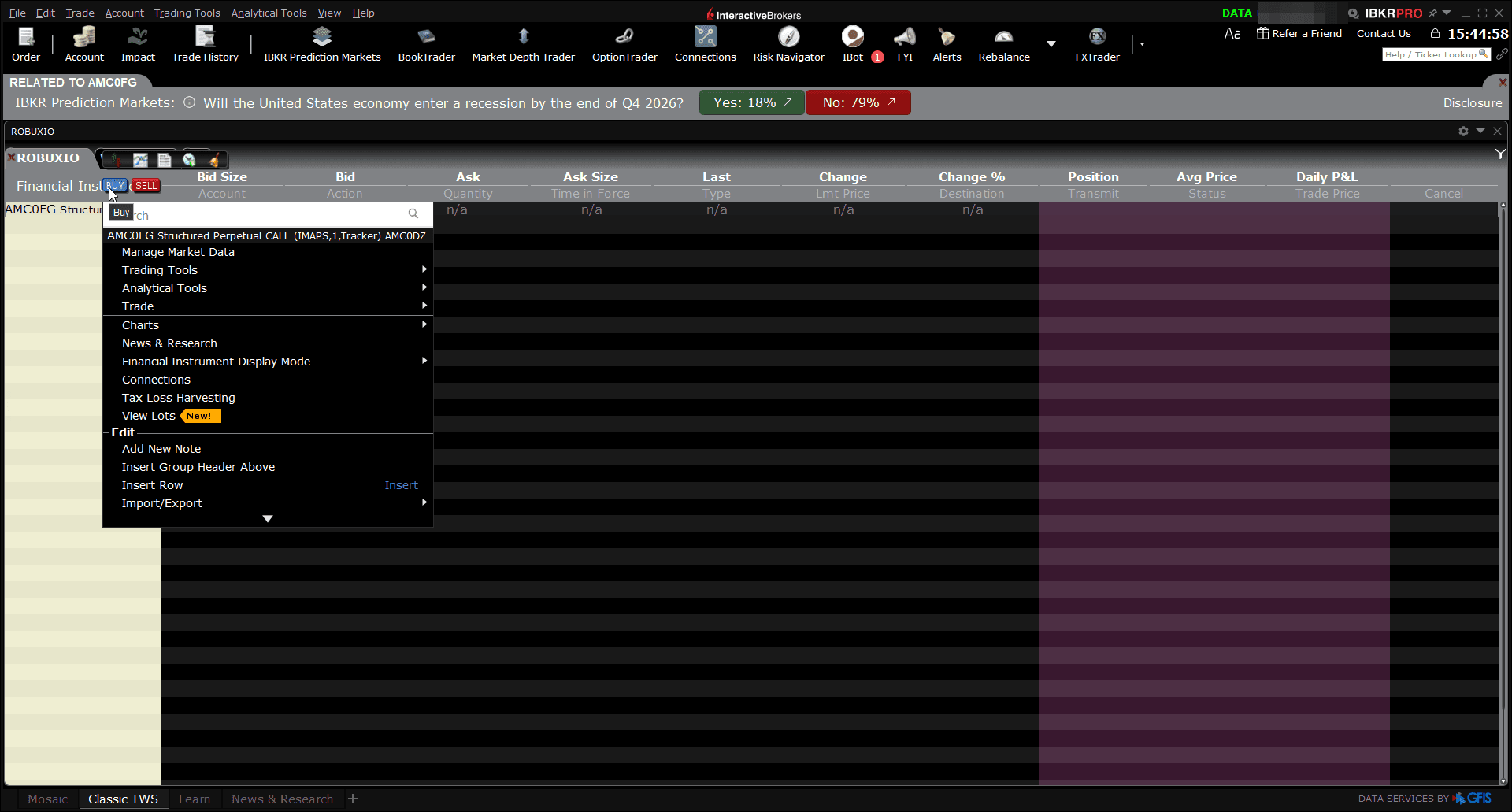 TWS right-click context menu on the iMaps Robuxio Systematic ETI row with the Buy action