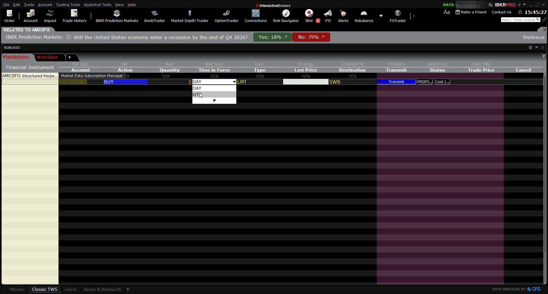 TWS order row with the Time in Force dropdown open, selecting GTC instead of DAY