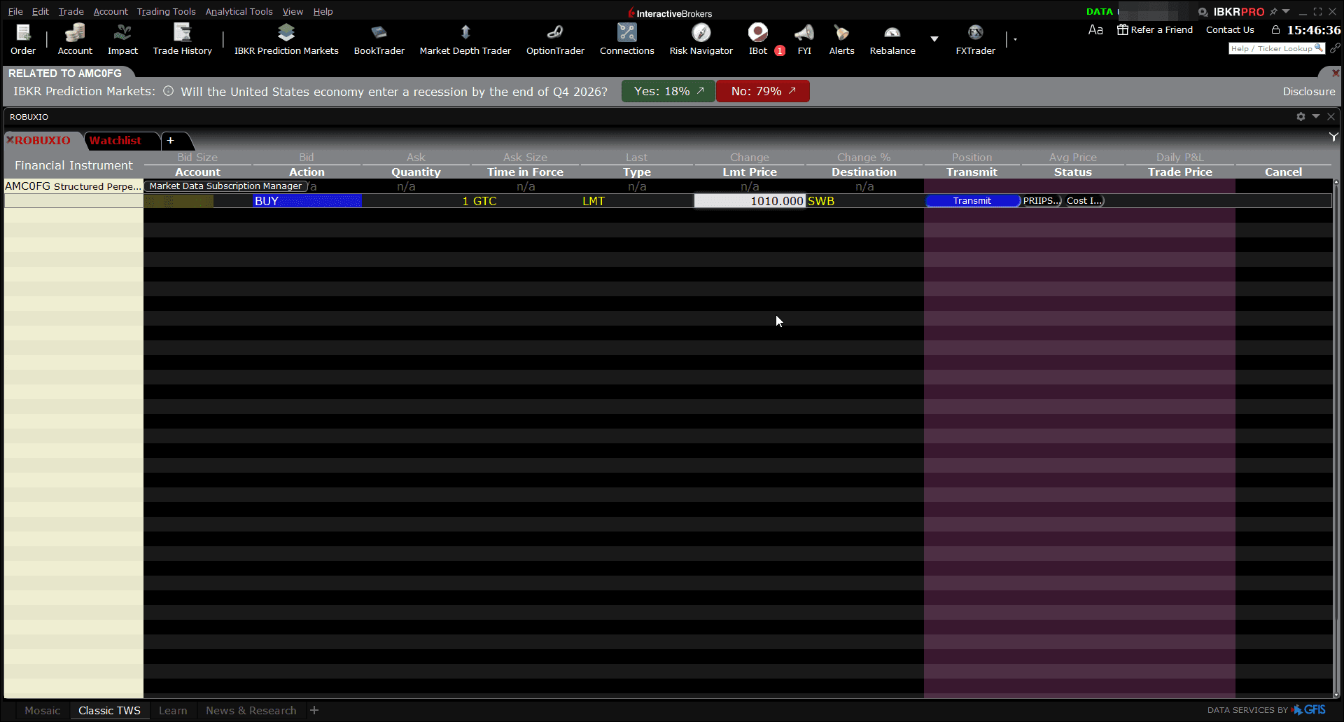 Completed TWS order row: Buy 1 unit, GTC, limit order at 1010 EUR routed to SWB