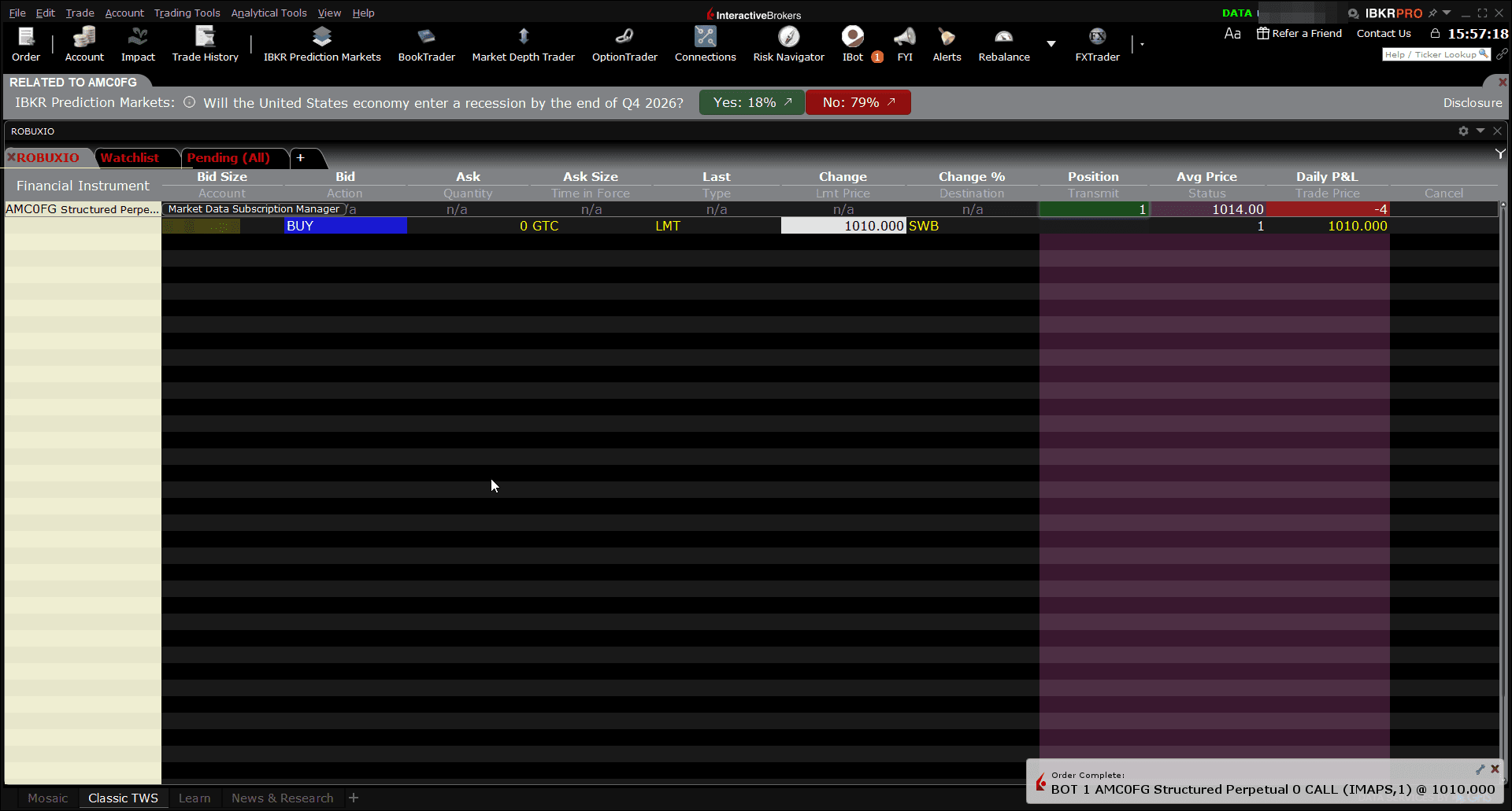 TWS showing the filled order: Order Complete, bought 1 iMaps Robuxio Systematic ETI at 1010 EUR, position 1