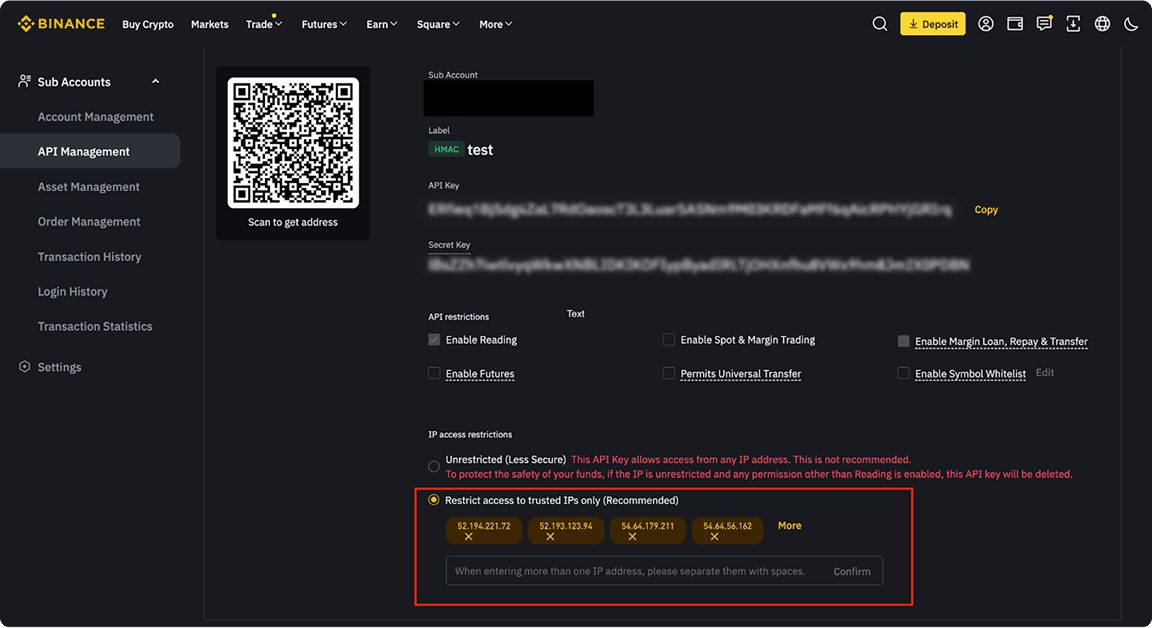 Binance API IP restriction settings with trusted IP addresses input field